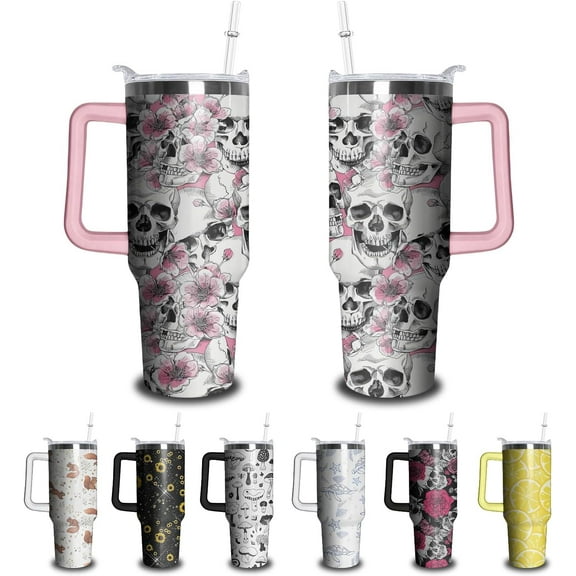40oz Skull Tumbler with Handle & Straw, Gothic Skeleton Floral Stainless Steel Insulated Cup | Travel Mug Horror Theme Halloween Birthday Gift for Men & Women