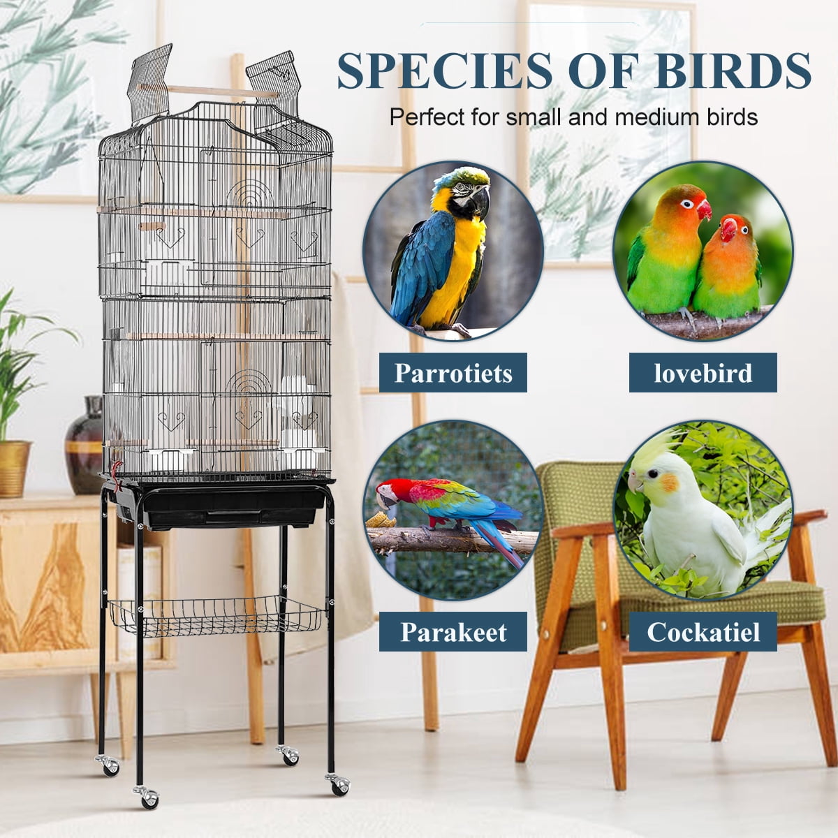 Dkeli Bird Cage with Stand Parrot Cages for Large Birds Parakeet Cage with Play Top & Rolling Stand for Medium Canaries, Lovebirds, Cockatiels, Parrots