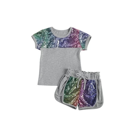 

Multitrust Kids Sequin Set Round Neck Short Sleeve Elastic Head Sequin Shorts