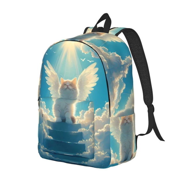 Disketp Sunshine Cute Winged Cat print Canvas Backpack Lightweight Travel Daypack Student Rucksack Laptop Backpack-Medium