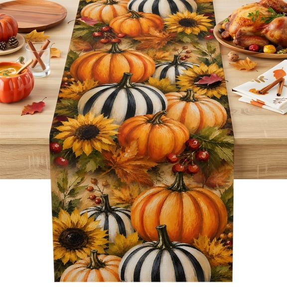 Fall Pumpkins Cotton Linen Rectangle Table Runners 13"x72", Thanksgiving Autumn Farmhouse Rustic Sunflower Coffee Table Runner Dresser Scarves Table Runners for Wedding Party Banquet Dinner Decor