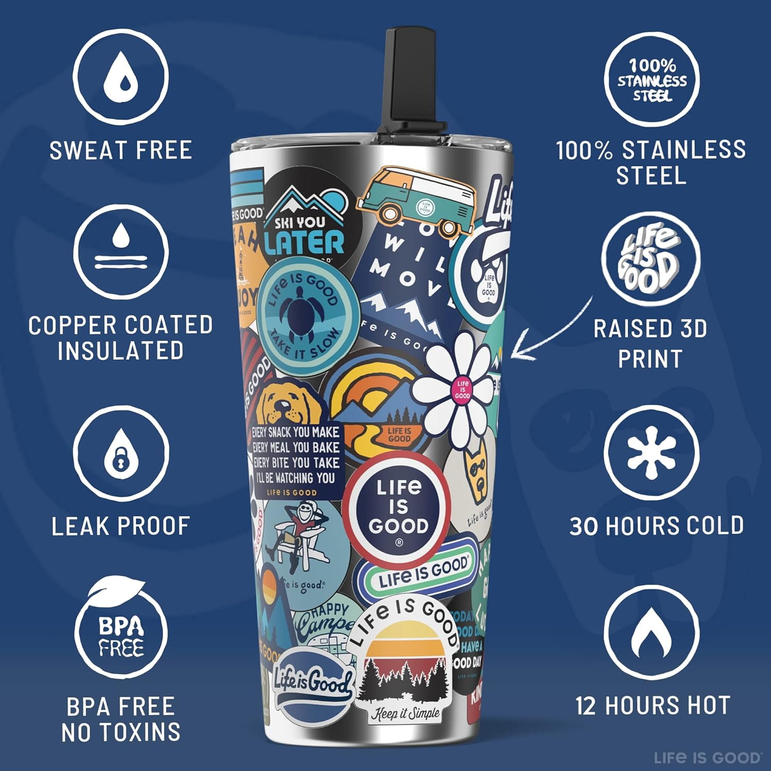 Life is Good 25oz Stainless Steel Insulated Tumbler Sticker Collage