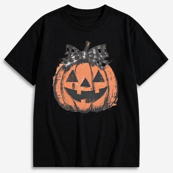 Women's Distressed Jack-o-Lantern with Bow Pumpkin Shirt, Halloween Graphic Short Sleeve T-Shirt