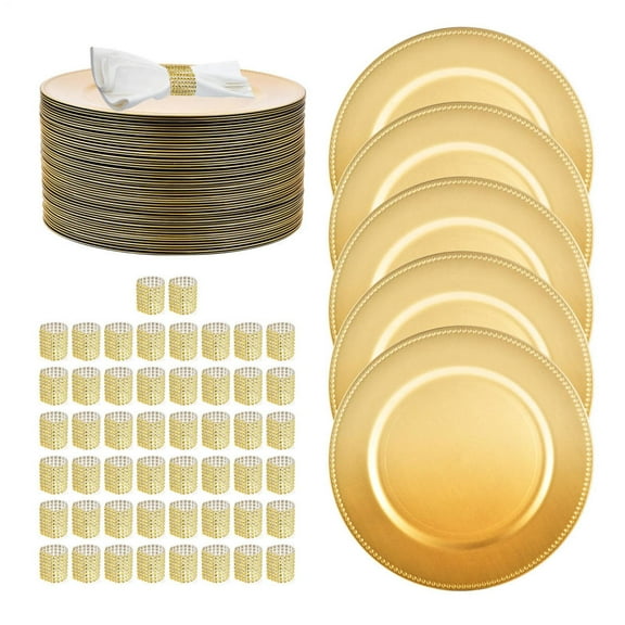 50 Pcs Charger Plates with Napkin Rings, 13 Inch Round Plastic Dinner Plates for Party Table Setting