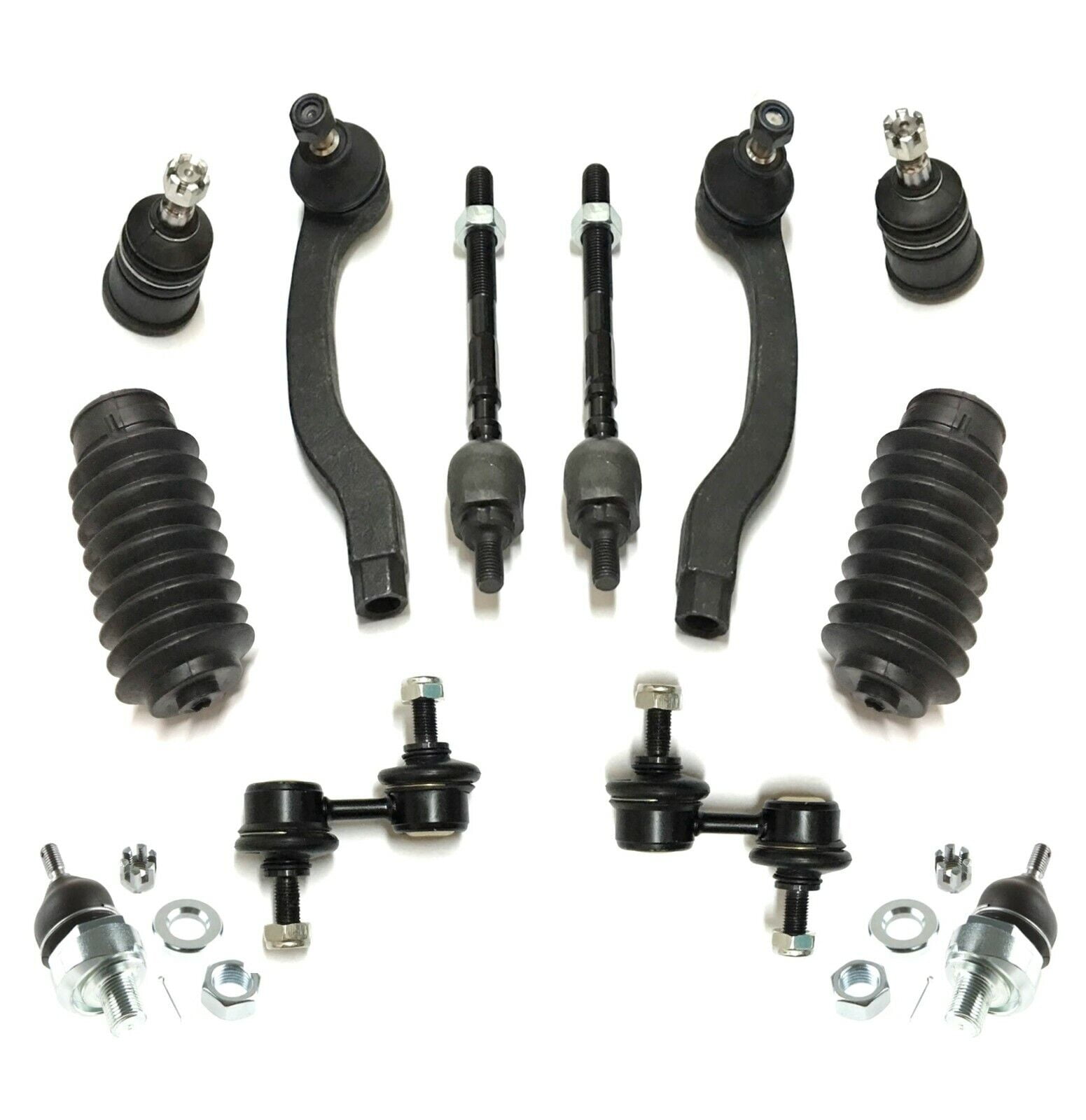 12 Pc Front Suspension Kit Inner  Outer Tie Rod Ends Upper  Lower Ball  Joints Rack and Pinion Bellow Boots Sway Bar End Links