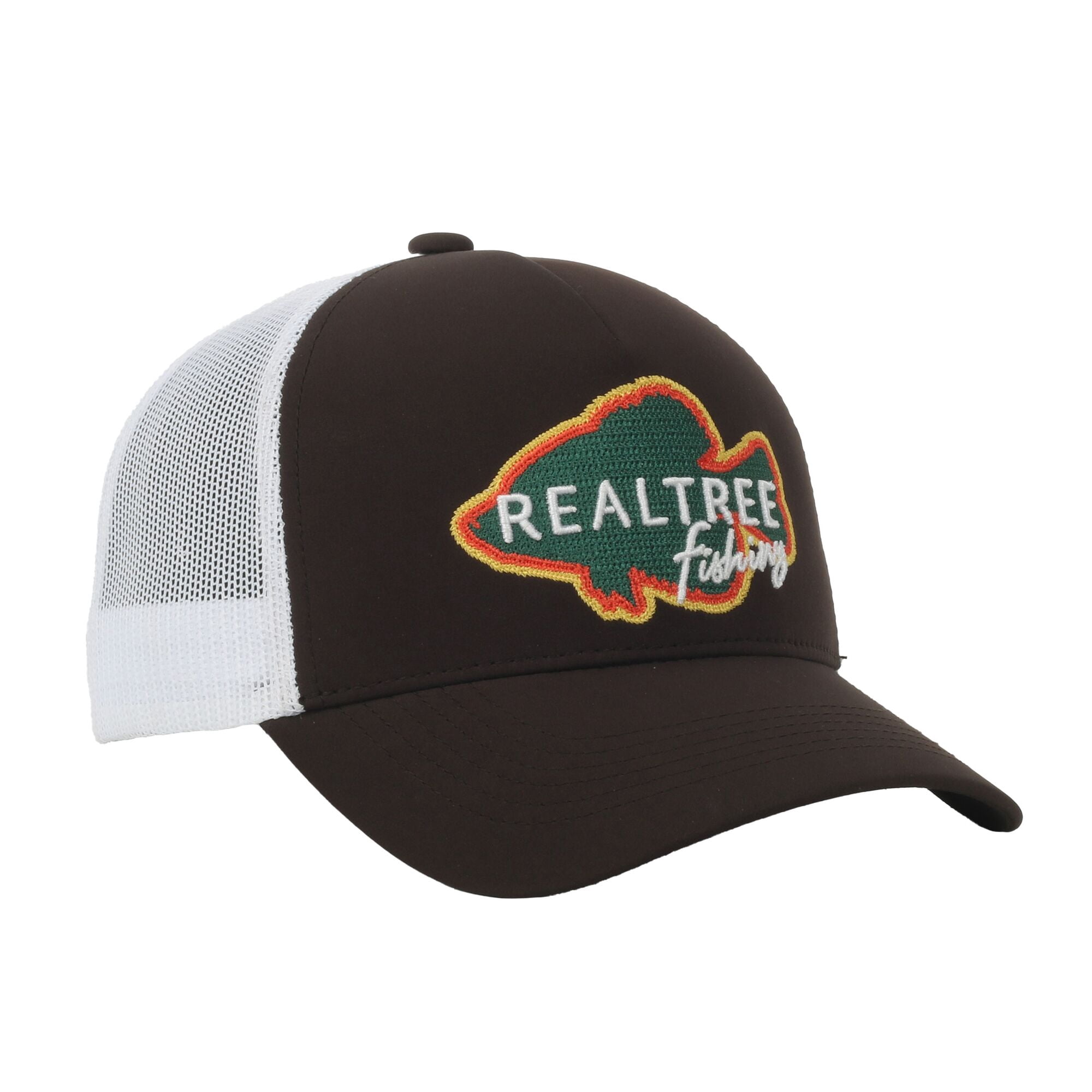 Realtree® Fishing Brown/White 5-Panel Cap – Structured Mesh Back, Antler Logo, One Size