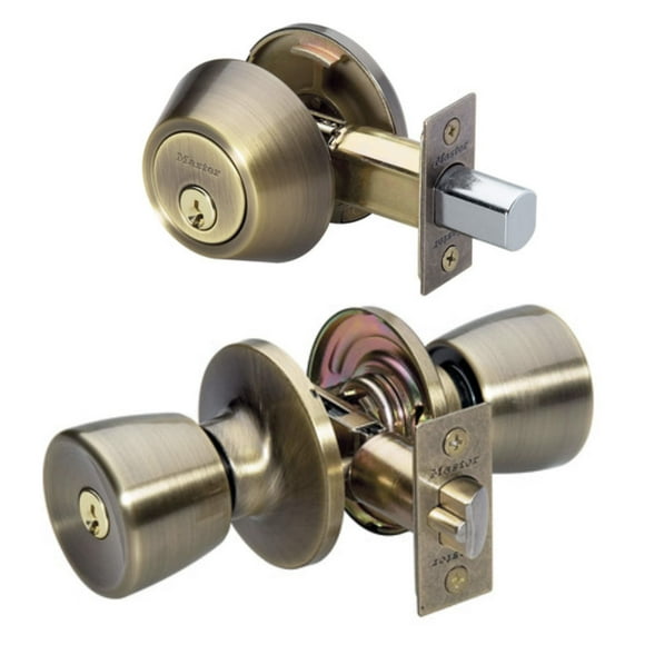 Master Lock TUO0605 Antique Brass Tulip Single Cylinder Deadbolt & Keyed Entry Combo