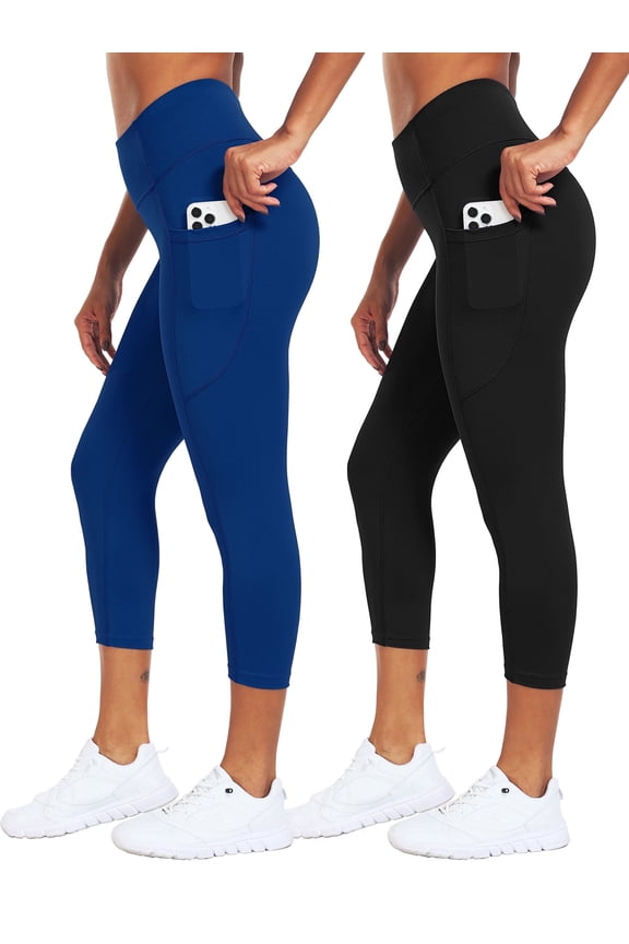 Womens Plus Size High Waist Capri Yoga Leggings Cropped Pant for Workout with Two Pockets,Black+Navy Blue,US Size 3XL
