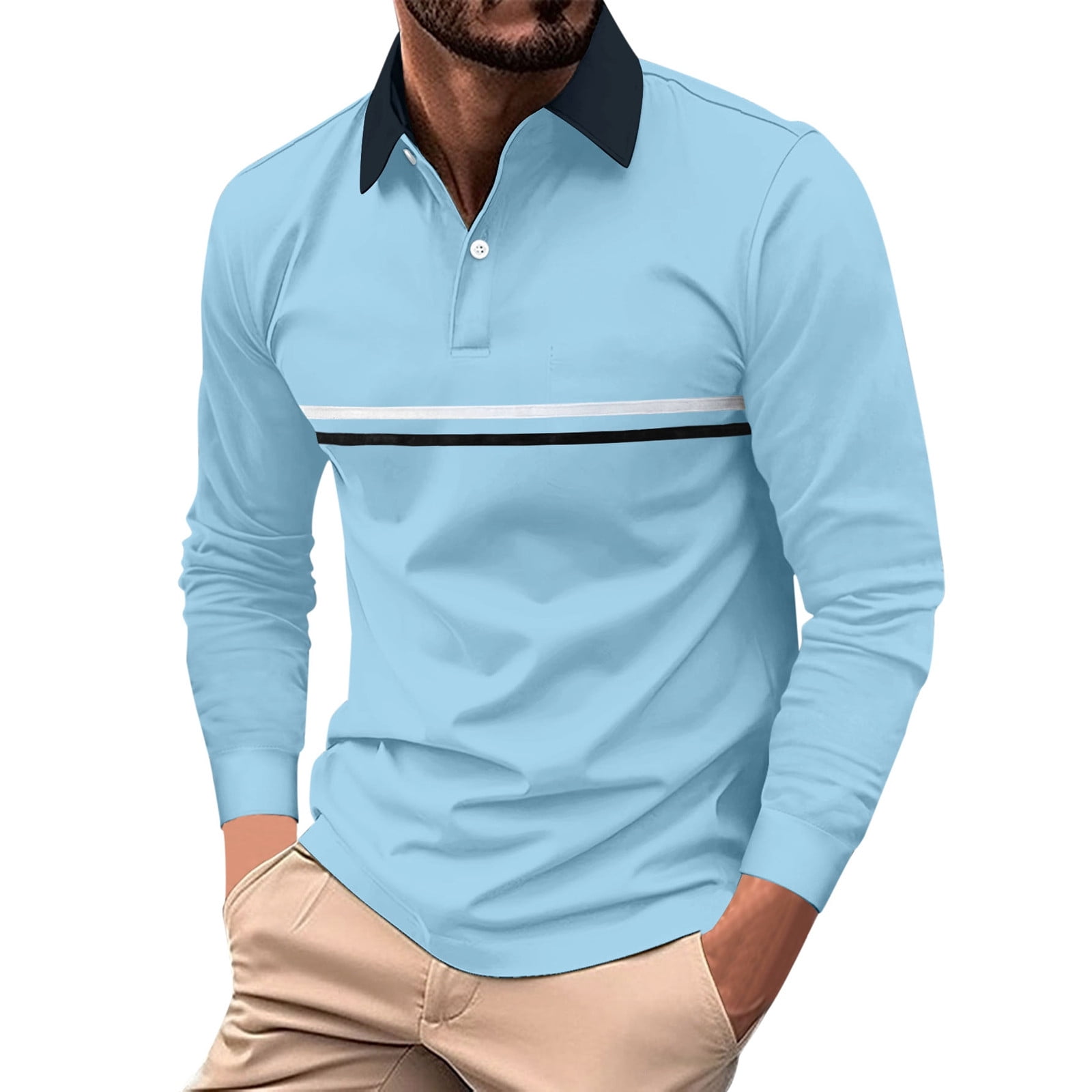 PEASKJP Men s Golf Polo Long Athletic Workout Shirt Tops Slim Dry Gym Undershirts Active Sports Baselayers Blue XXL