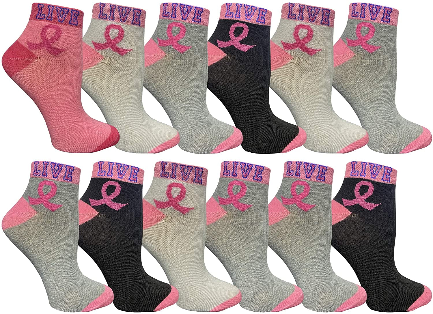 Breast Cancer Awareness Socks Ladies 3 Pairs Black Pink Striped Solid Gray Black 