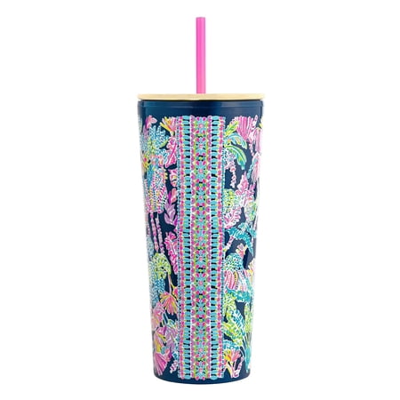 Lilly Pulitzer 24 Oz Double Wall Tumbler With Lid & Straw | 'Make Lemonade' Pattern | BPA-Free Plastic