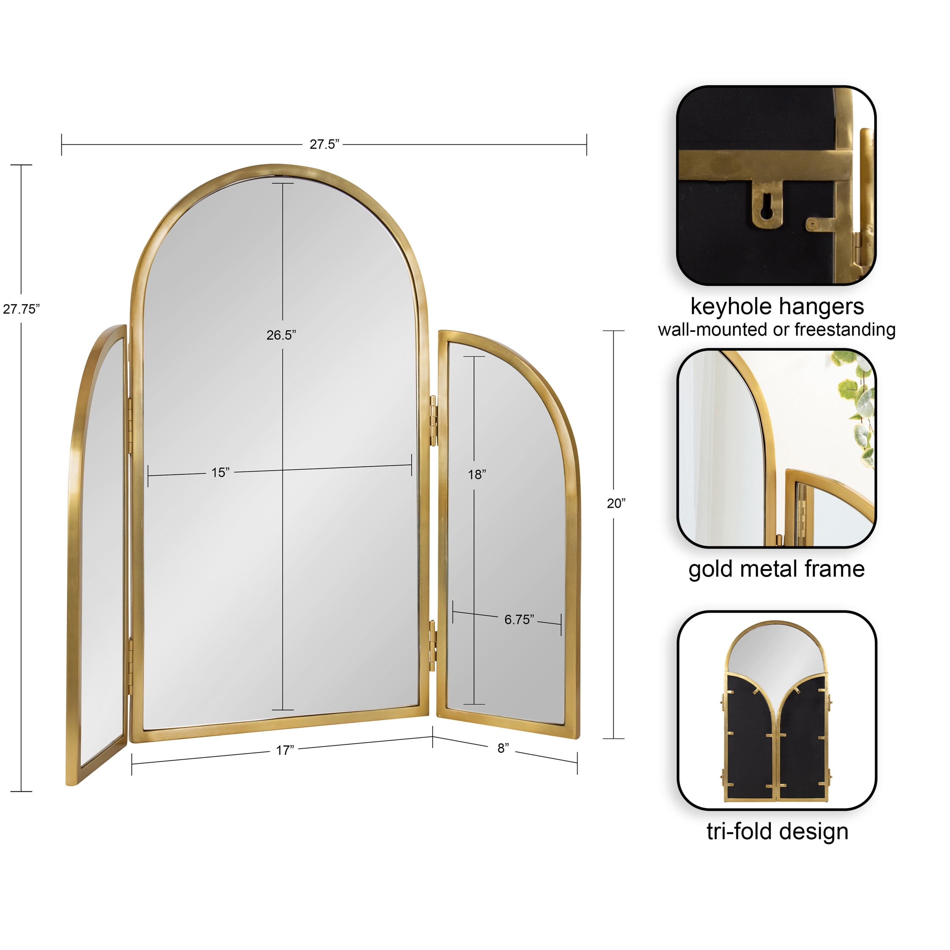 Kate and Laurel Amoli Tri-Fold Arched Mirror, 28 x 28, Gold, Three-Piece Joined Arch Folding Mirror for Tabletop Makeup Mirror Station or Bathroom Vanity Setup