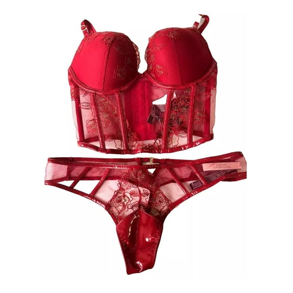 Victoria's Secret Push Up Corset Bra Embroidery Floral /Faux Leather 2 Piece Set Red 34C/Medium Thong NWT