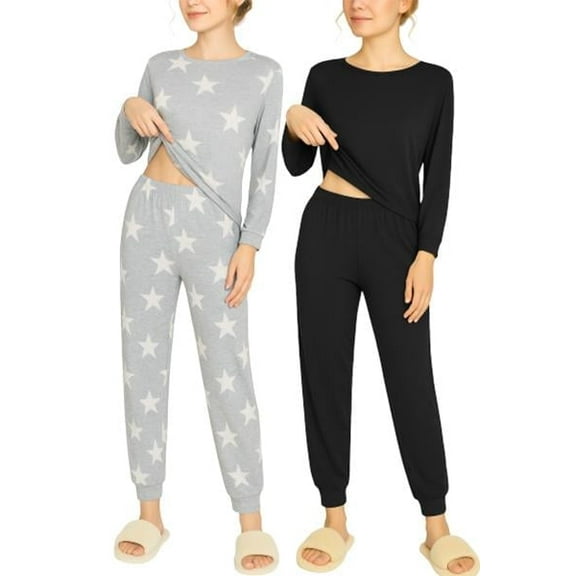 Ekouaer Womens Two Pack Sleep Set Long Sleeve Shirt and Jogger Bottoms Lounge Wear Nightwear with Pockets