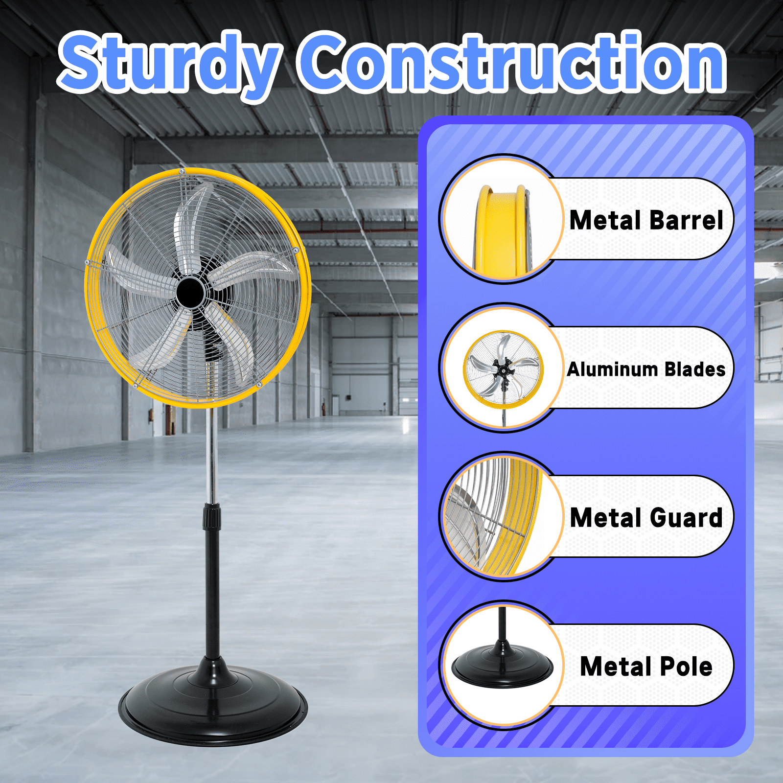 4900 CFM 20" High Velocity Industrial Pedestal Fan, 3-Speed Professional Oscillating Standing Fan with Drum Head, Heavy Duty Metal Fan for Commercial, Warehouse, Garage, UL Listed