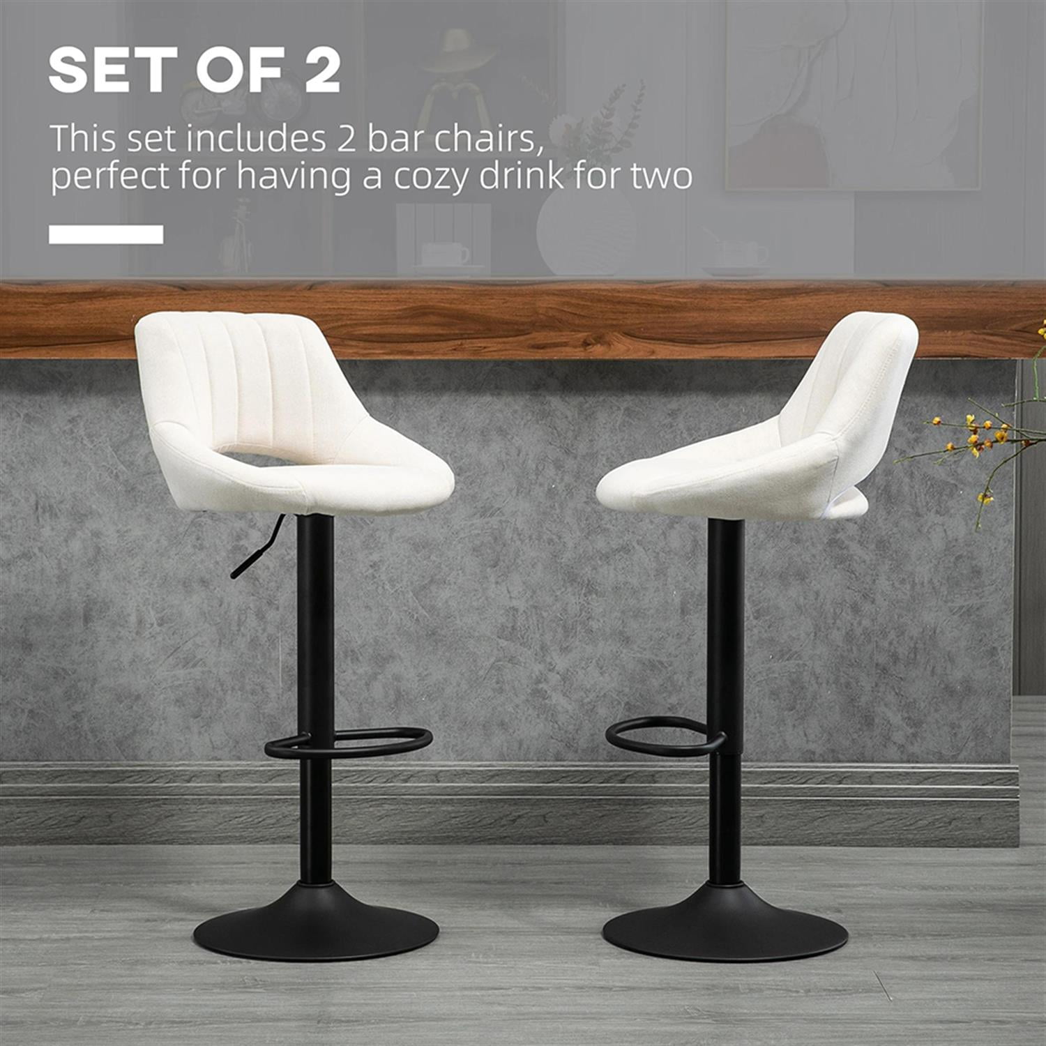 Demi Bonn Modern Swivel Bar Stool Set of 4 with Adjustable Height, Bar Height Stool with Upholstered Back and Steel Legs for Kitchen, Dinning Room, White