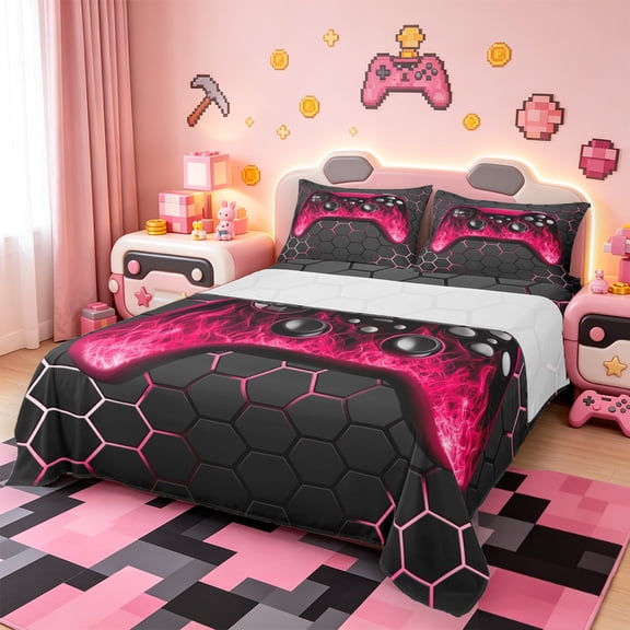 Manfei Neon Gamepad Sheet Set Twin,Modern Geometric Honeycomb Bedding Sets Twin Size,Red Black Twin Sheet Sets For Boys Kids,Super Cozy Bedroom Decor,3pcs