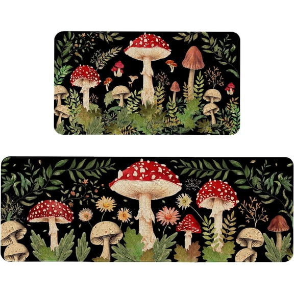 Farmhouse Mushroom Kitchen Rugs Set of 2 Non Slip Mushroom Kitchen Mats Farmhouse Home Decor Low-Profile Washable Floor Mat 17x47 Inch and 17x29 Inch