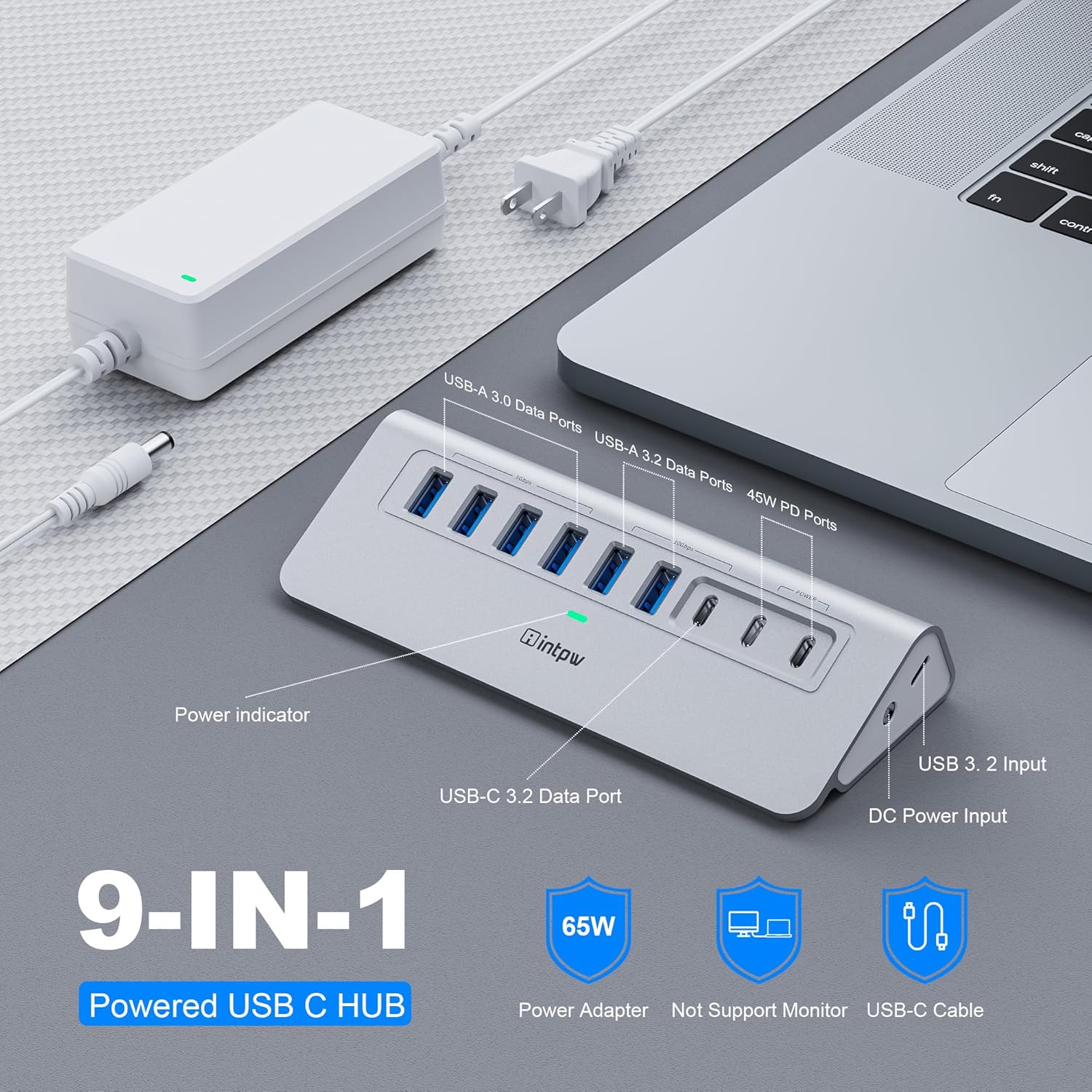 Powered USB Hub 10Gbps, 9-Port USB 3.2 Hub, USB C Hub with USB A/USB C 3.2, 4 USB 3.0, 2 PD 45W Charging Ports, 65W Power Adapter and 3.3FT Cable, Aluminum USB Hub for Laptop, iPhone 17/16/15，PC