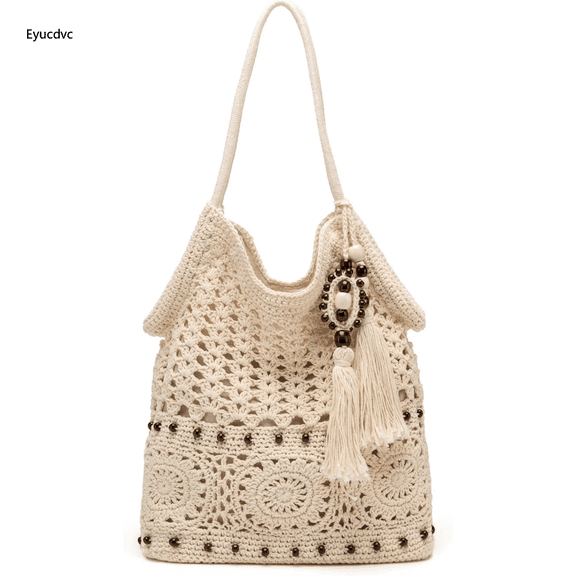 Eyucdvc Women Crochet Woven Hobo Shoulder Bag, Boho Hollow Out Tote Handbag with Tassel Decor, Summer Vacation Beach Casual Daily Shoulder Purse