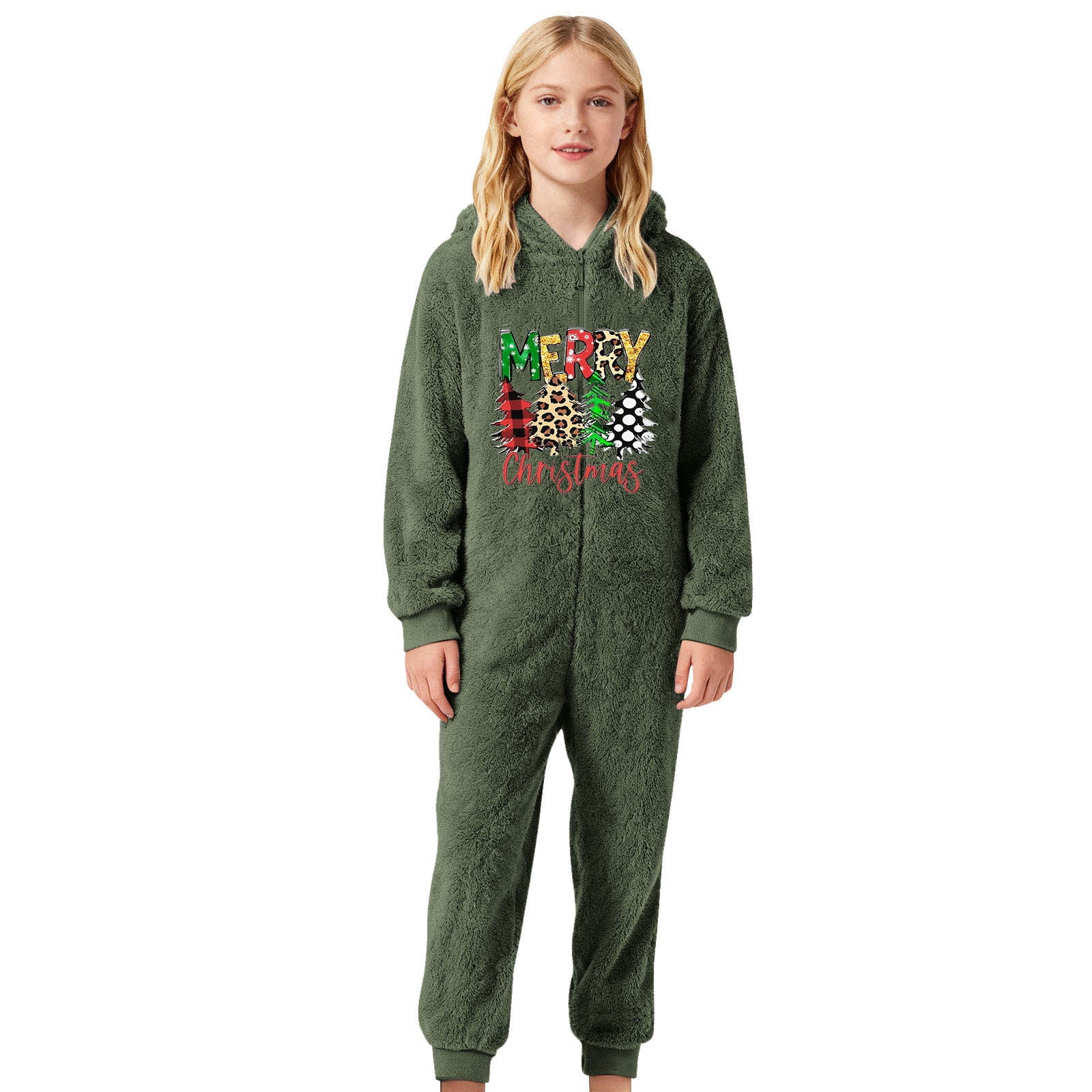 Gelikeya Boys Girls Christmas Onesies Pajamas Fuzzy Jumpsuit Kids Toddler Long Sleeve Jumpsuit Thermal Winter Outfits (Playwear & Dark Green & 11-12 Years)
