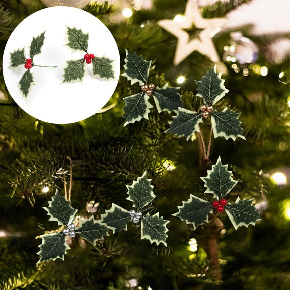 Visland 10Pcs Simulation Leaf with Fruits Realistic DIY Artificial Holly Berries Christmas Leaves for Party