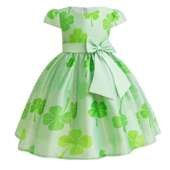 St. Patrick'S Day Dress For Girls Toddler Print School Outfits Puff Sleeve A Line Cute Midi Casual Sundress Green 9 Years-10 Years