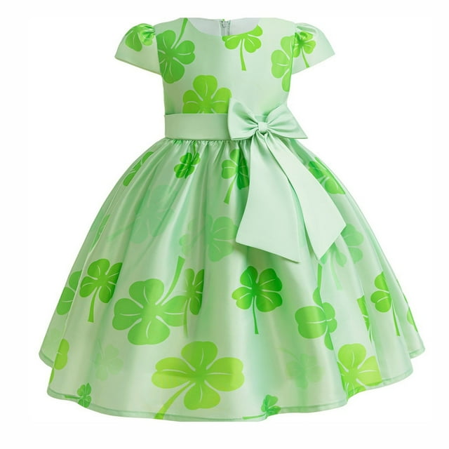 IULZEBTY Robes de Filles pour la Saint-Patrick, Robe Mignonne à Manches Courtes Imprimée de Trèfles pour Tout-Petits, Robe de Princesse Décontractée pour Fête, Taille 3 Ans-4 Ans