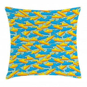 Yellow Submarine Decor Throw Pillow Cushion Cover, Pop Art Style Underwater Submarine Decorative Design Print, Decorative Square Accent Pillow Case, 24 X 24 Inches, Yellow and Blue, by Ambesonne