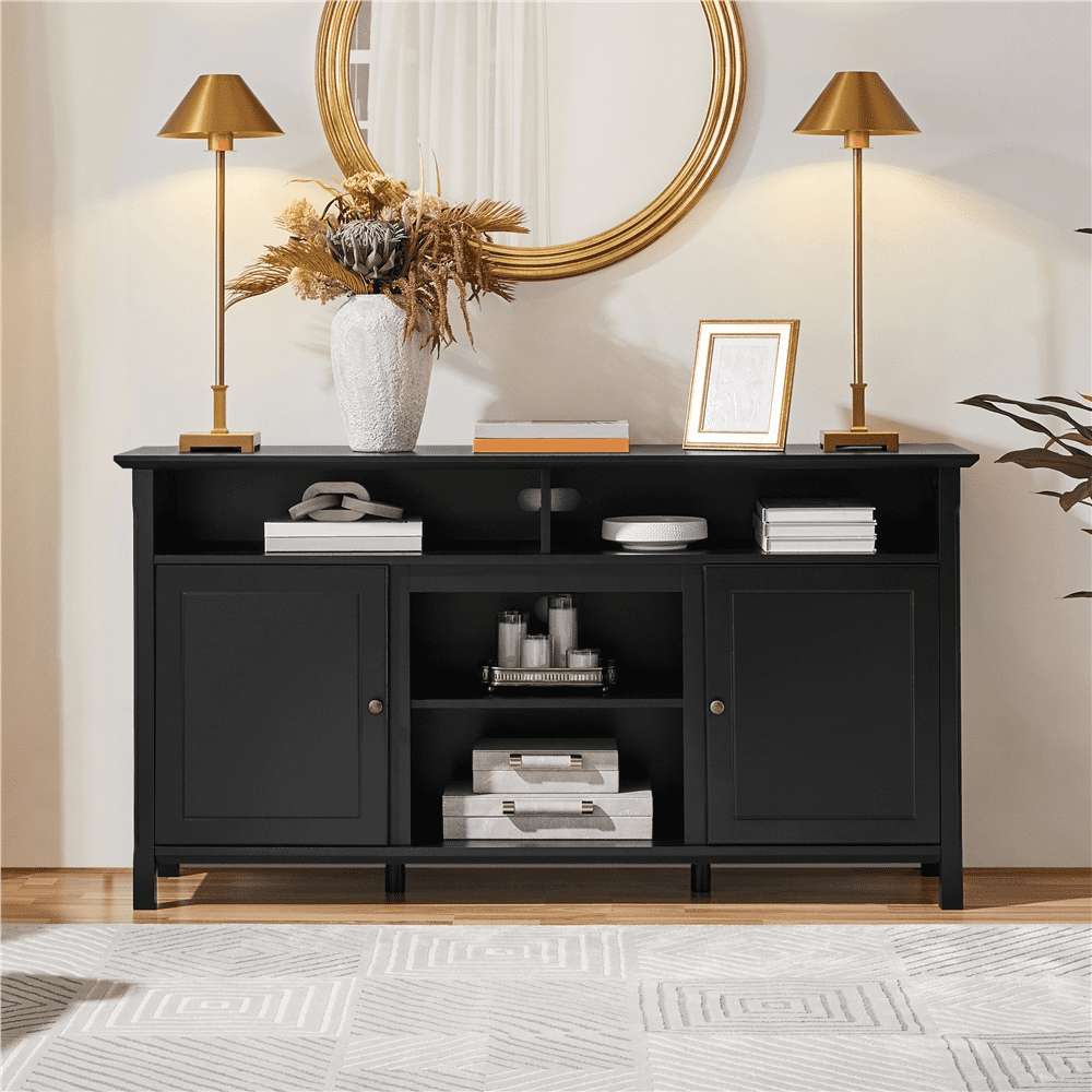 SmileMart 58in Modern Wooden TV Stand for TVs up to 65in and 18in Electric Fireplace Storage with Seperated Shelf & 6 Compartments, Black Sansujyuku sansujyuku.com