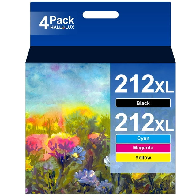 cartucho de tinta halolux 212xl para epson xp-4100 xp-4105 wf-2850 wf-2830 Paquete de 4 cartuchos 212XL (1 negro, 1 cian, 1 magenta, 1 amarillo) en caja frontal con ilustración floral, grandes rótulos 212XL y barras coloreadas que muestran Black, Cyan, Magenta y Yellow.