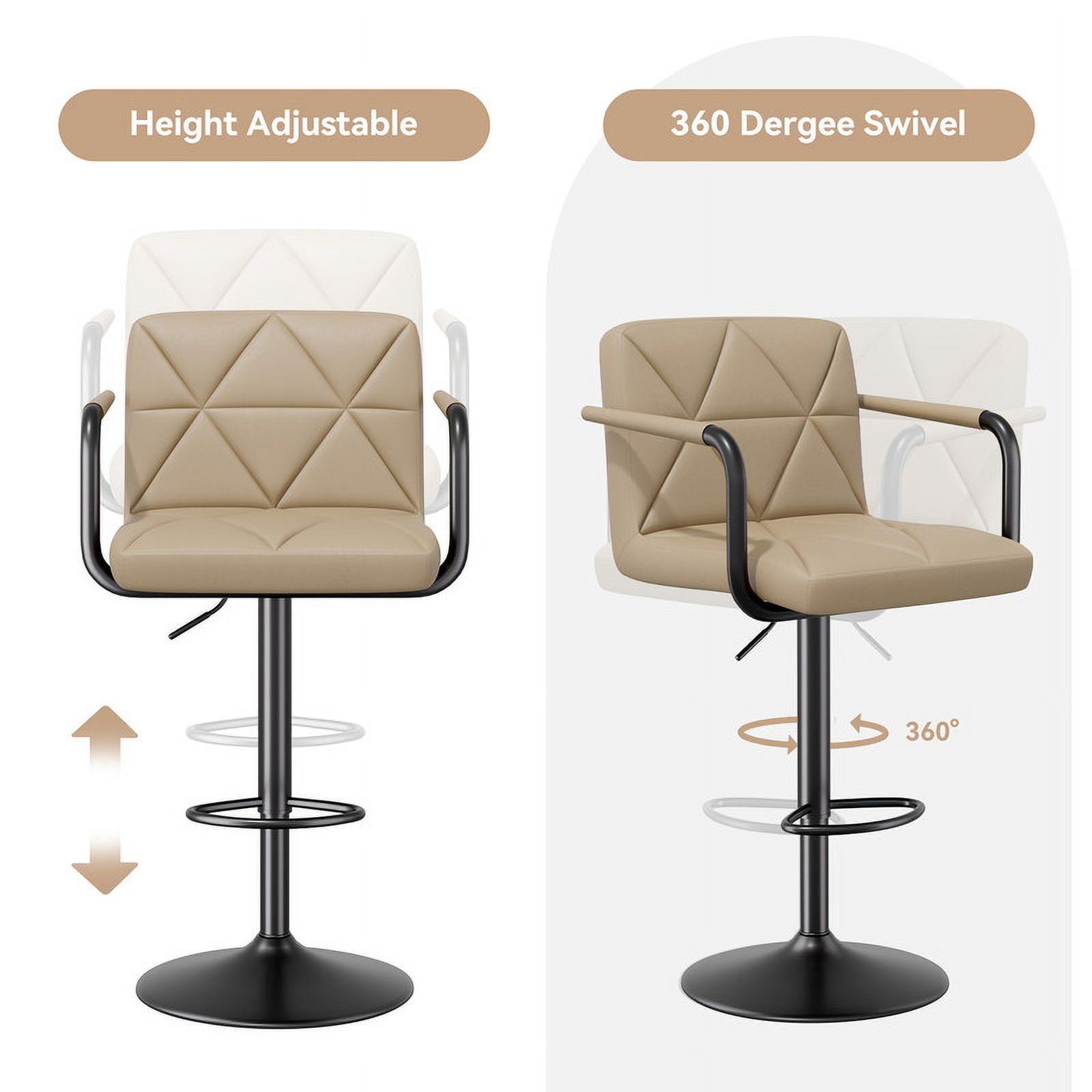 Hawsaiy Modern Bar Stools Set of 2, PU Leather Adjustable Swivel Bar Chairs with Armrests and Back, Hydraulic Counter Height Stools with Footrest for Kitchen Island, Dining Room, Bar, Khaki