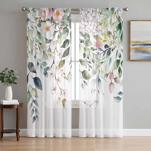 Green Eucalyptus Leaves Sheer Curtains 84 Inch Length 2 Panels Set, Floral Summer Botanical Watercolor Voile Window Treatment Curtains Sheers Drapes for Bedroom/Living Room/Kitchen 52"x84"x2
