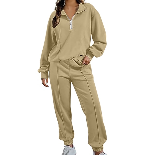 Puntoco Moda Mujer Color Sólido Cremallera Sudadera Manga Larga Pantalones Traje Caqui S