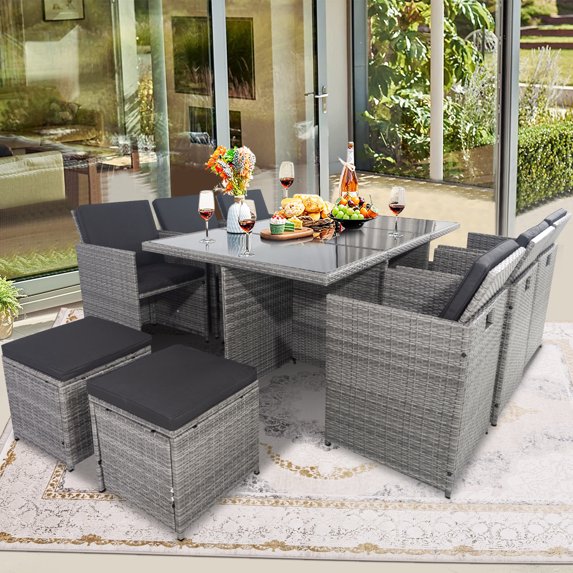 iRerts 11 Piece Patio Furniture Sets, Outdoor Patio Dining Sets Outdoor Space Saving Rattan Chairs with Glass Table, Patio Sectional Conversation Set Cushioned Seating for Backyard Garden Lawn, Black