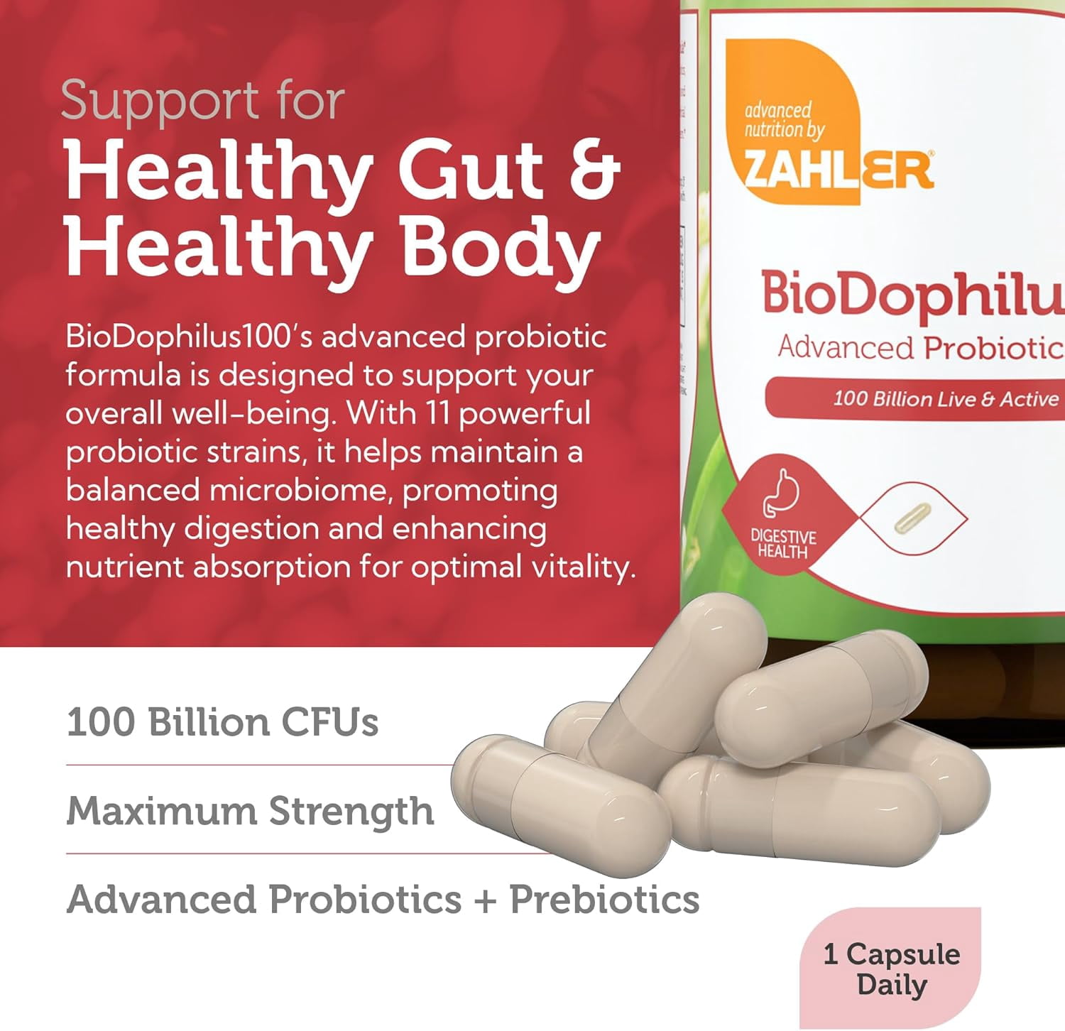 Zahler BioDophilus100, Advanced Probiotic Formula, 100 Billion CFU, 30 Capsules, Probiotic, Probiotics, Probiotic Supplement