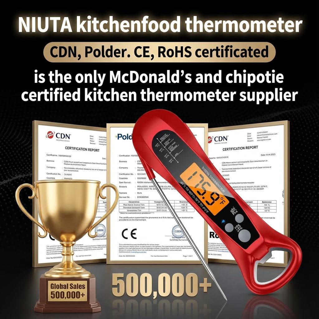 NIUTA Meat Thermometer Digital, 1 Sec Instant Read Thermometer, NIST Certified ±0.5°F Digital Food Thermometer, Waterproof Kitchen Thermometer for Cooking, Grill, BBQ, Smoker, Oven