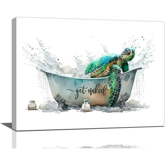 Grey Canis Funny Teal Turtle Bathtub Wall Art 16"x12" Framed Canvas Print