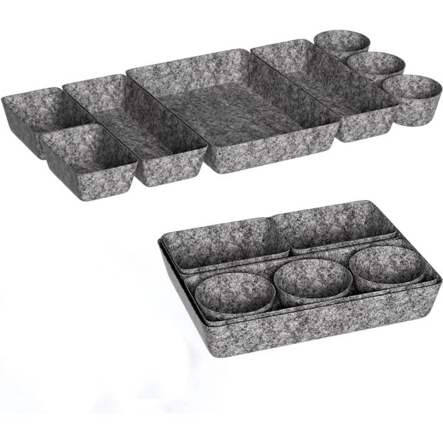 8 Piezas Organizador de Cajones de Fieltro, Cajones de Baño Extraíbles, 4 Cajas Pequeñas, Bandejas de Almacenamiento Antideslizantes para Oficina, Cocina, Tocador, Oficinas (Gris Oscuro)