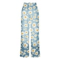 thumbnail image 5 of QQAMB Womens Deinm Pants Floral Printed High Waisted Elastic Wide Leg Casual Loose Jeans Pants with Pocket White 2XL, 5 of 6
