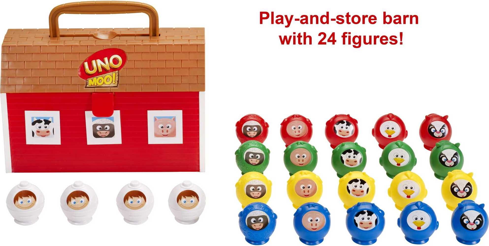 UNO Moo! Matching Kids Game For Game Night with 24 Plastic Animal Figures for 2-4 Players