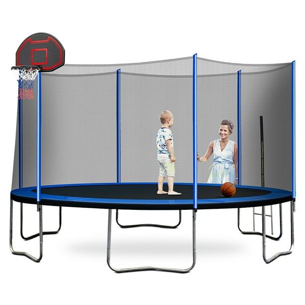 14ft Kids Trampoline With Basketball Hoop Outdoor Safety Enclosure Net Circular Trampolines For Family Jumping And Ladder Backyard Q18328 Com 14ft Kids Trampoline With Basketball, Skywalker Trampolines 14ft Round Trampoline With Enclosure And Basketball Hoop