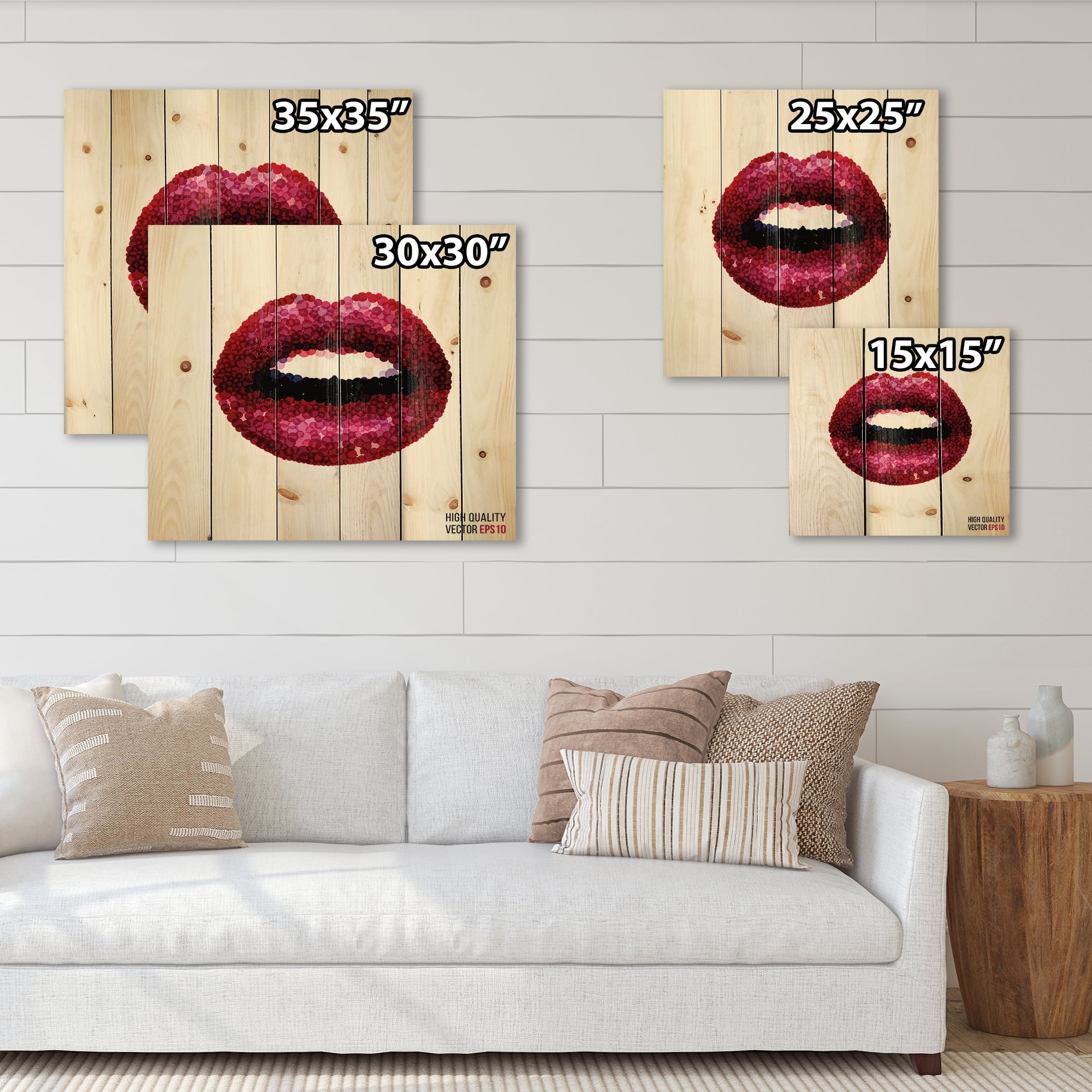 Designart 'Sexy Red Girl Lips' Modern Print on Natural Pine Wood