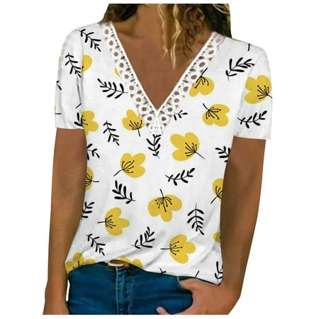 

Maternity Blouses Casual Women s V-Neck Summer Print Regular Women s Short Sleeve Top Lace Blouses for Women Dressy Casual Yellow M