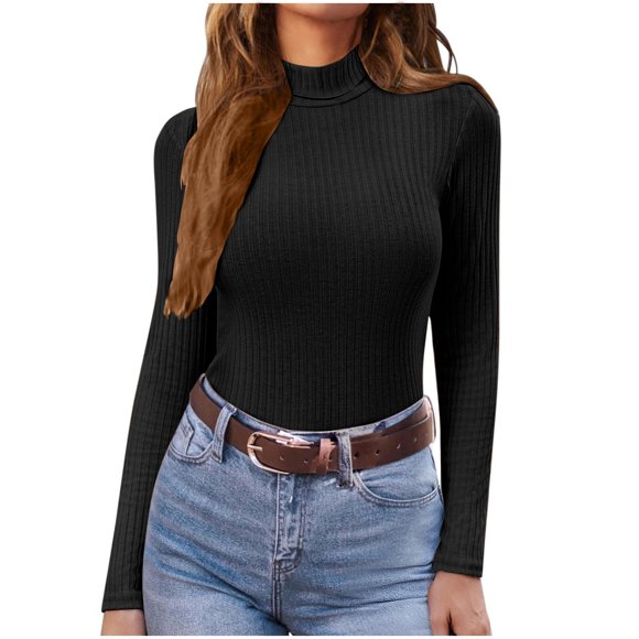 OHMZYZO Women's Turtleneck Long Sleeve Shirts Mock Neck Ribbed Knit Pullover Top Casual Lightweight Stretch Slim Fit T Shirts