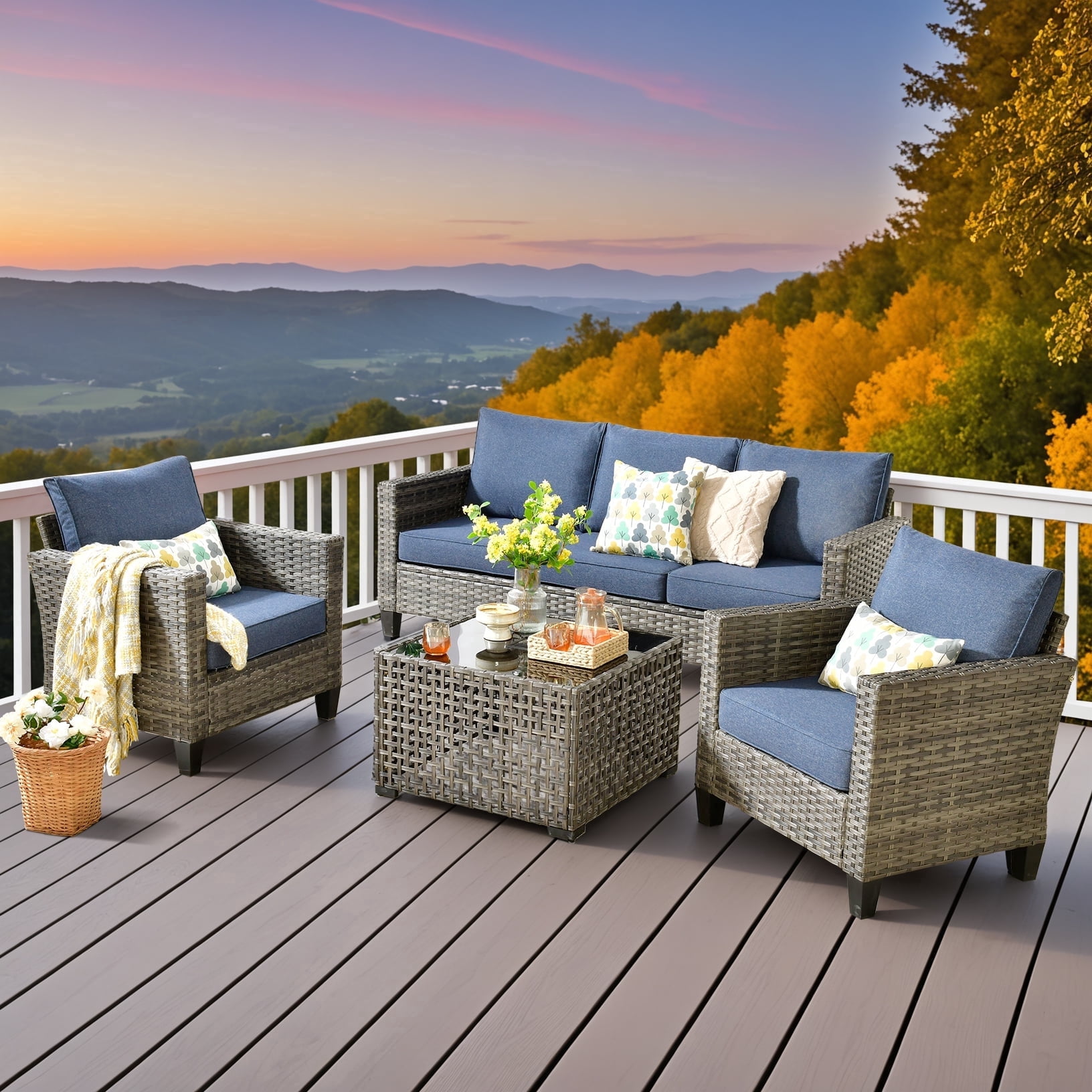 XIZZI Outdoor Patio Furniture Sets with Solar Coffee Table, All-Weather Wicker Rattan Outdoor Furniture Conversation Set for Porch, Patio, Backyard--Blue