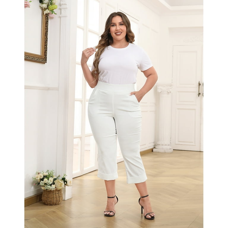 HDE Women's Plus Size Pull On Capris with Pockets Cropped Pants White 1X