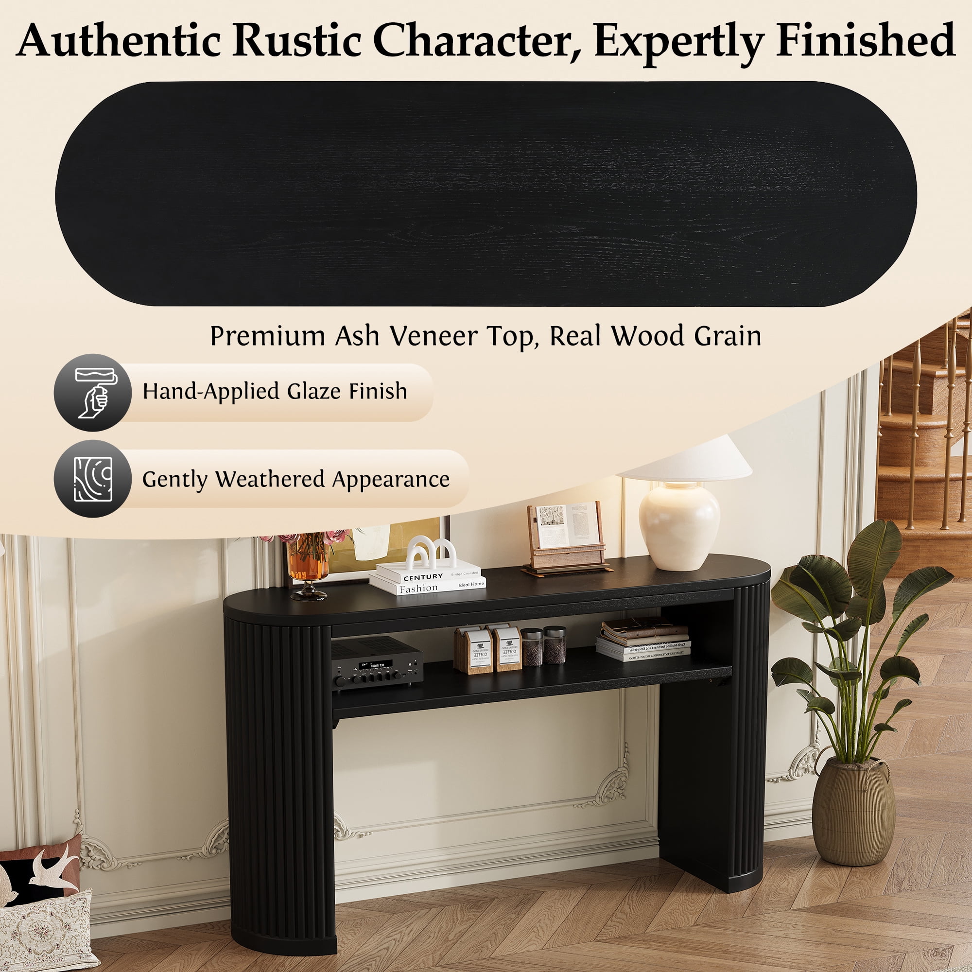 Euroco 53" Fluted Console Table, Modern Entryway Table with Open Storage Shelf & Wood Legs, Long Sofa Table Behind Couch for Living Room, Hallway,Black