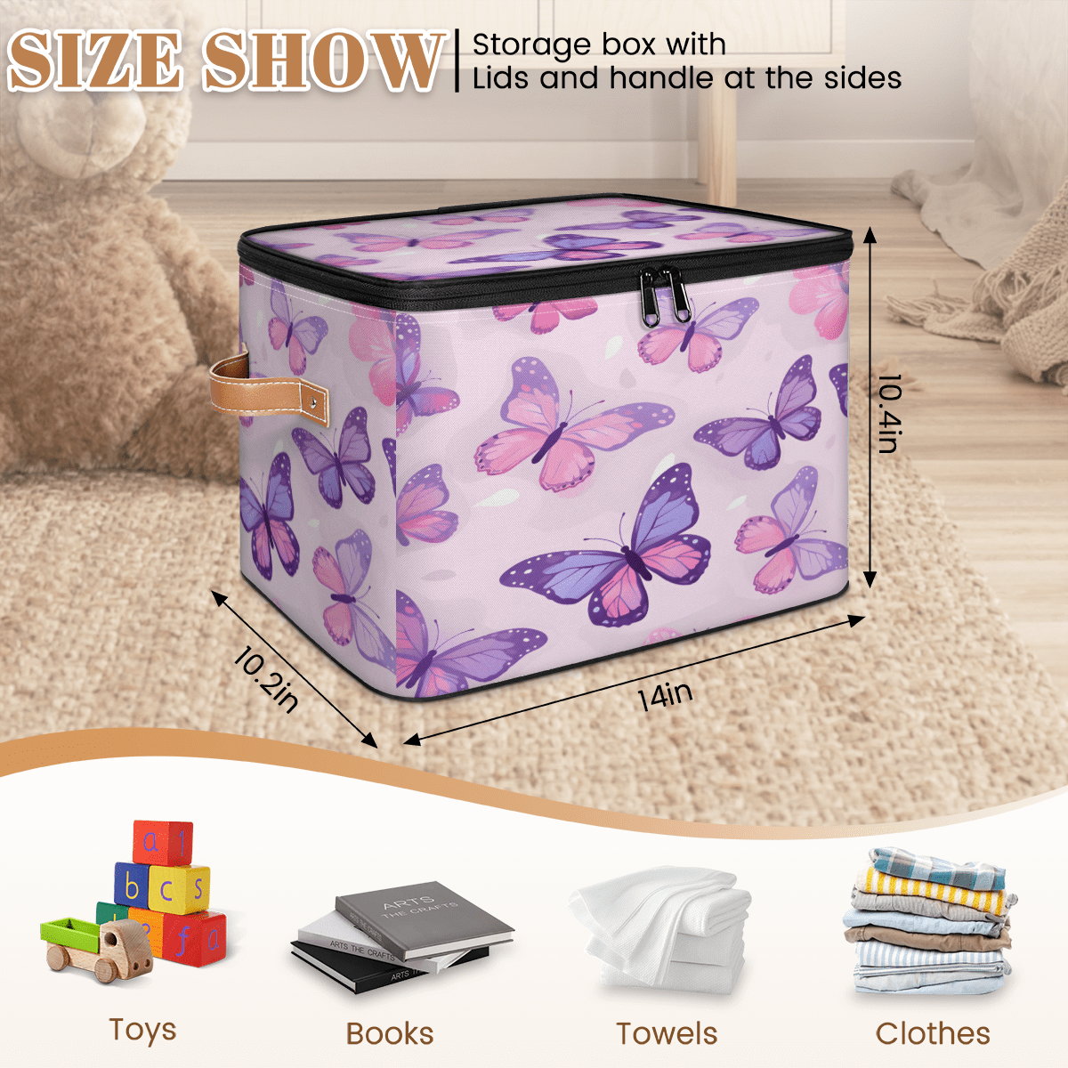 ADECORIVY Butterfly Storage Bin with Lid Fabric Purple Pink Foldable Storage Baskets Boxes for Clothes Shelves Closet Organizer Containers with Leather Handles for Wardrobe