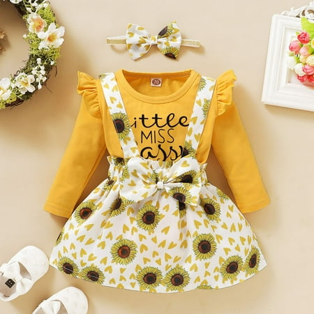 

Leutsin Toddler Baby Girls Letter Print Romper Bodysuit+Suspender Skirts+Headband Set